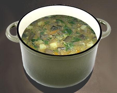 Гороховый суп с баклажанами в кастрюле