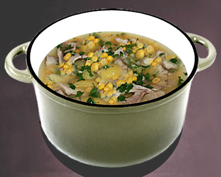 Куриный суп с кукурузой в кастрюле