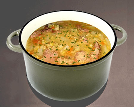 Гороховый суп с тушенкой и чесночной зажаркой в кастрюле