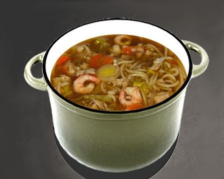 Рыбный суп с креветками в кастрюле