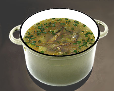 Рыбный суп из шпрот в кастрюле
