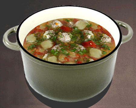 Суп из чечевицы с фрикадельками в кастрюле