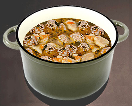 Суп с фрикадельками и картофельными галушками в кастрюле