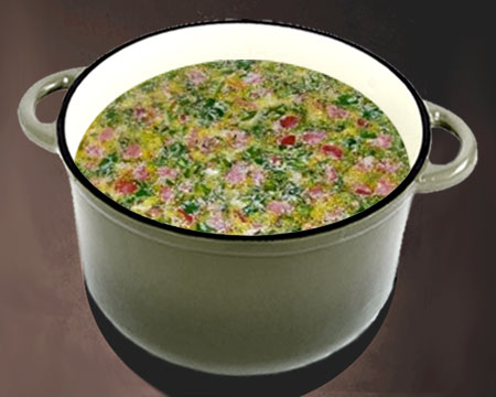 Сырный суп с ветчиной в кастрюле