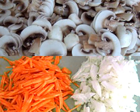 грибы, морковь и лук